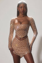 Embellished Asymmetric Crop Top in Honey