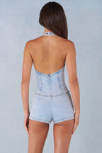Button-Down Halterneck Playsuit in Light Denim