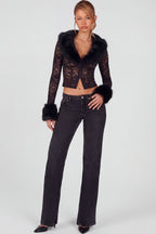Sheer Lace Faux-Fur-Trim Cardigan in Black