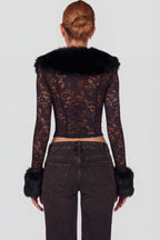 Sheer Lace Faux-Fur-Trim Cardigan in Black