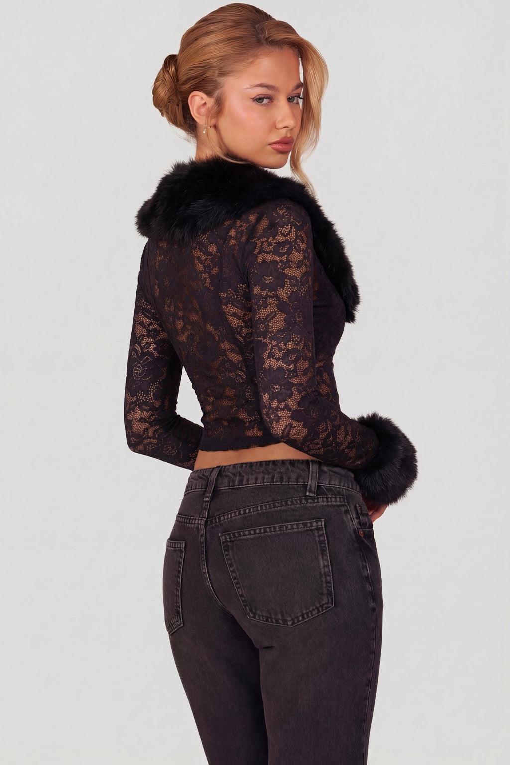 Sheer Lace Faux-Fur-Trim Cardigan in Black