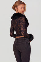 Sheer Lace Faux-Fur-Trim Cardigan in Black
