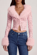 Sheer Lace Faux-Fur-Trim Cardigan in Pink