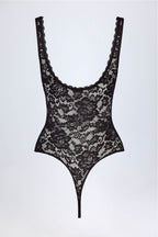 Sheer Lace Scalloped Plunge-Neck Bodysuit in Black