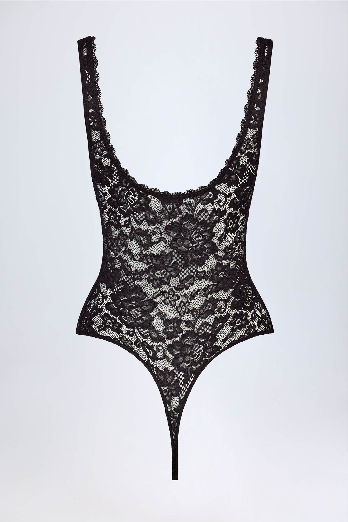 Sheer Lace Scalloped Plunge-Neck Bodysuit in Black