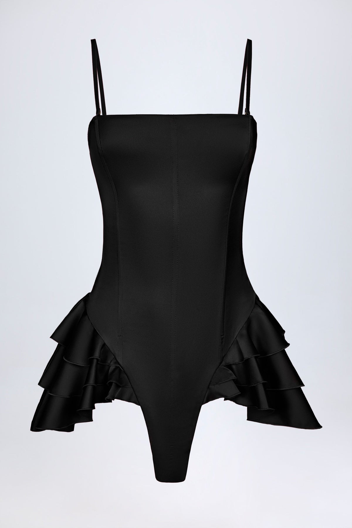 Ruffled Lace-Up Corset Playsuit in Black