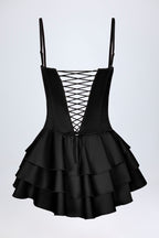 Ruffled Lace-Up Corset Playsuit in Black