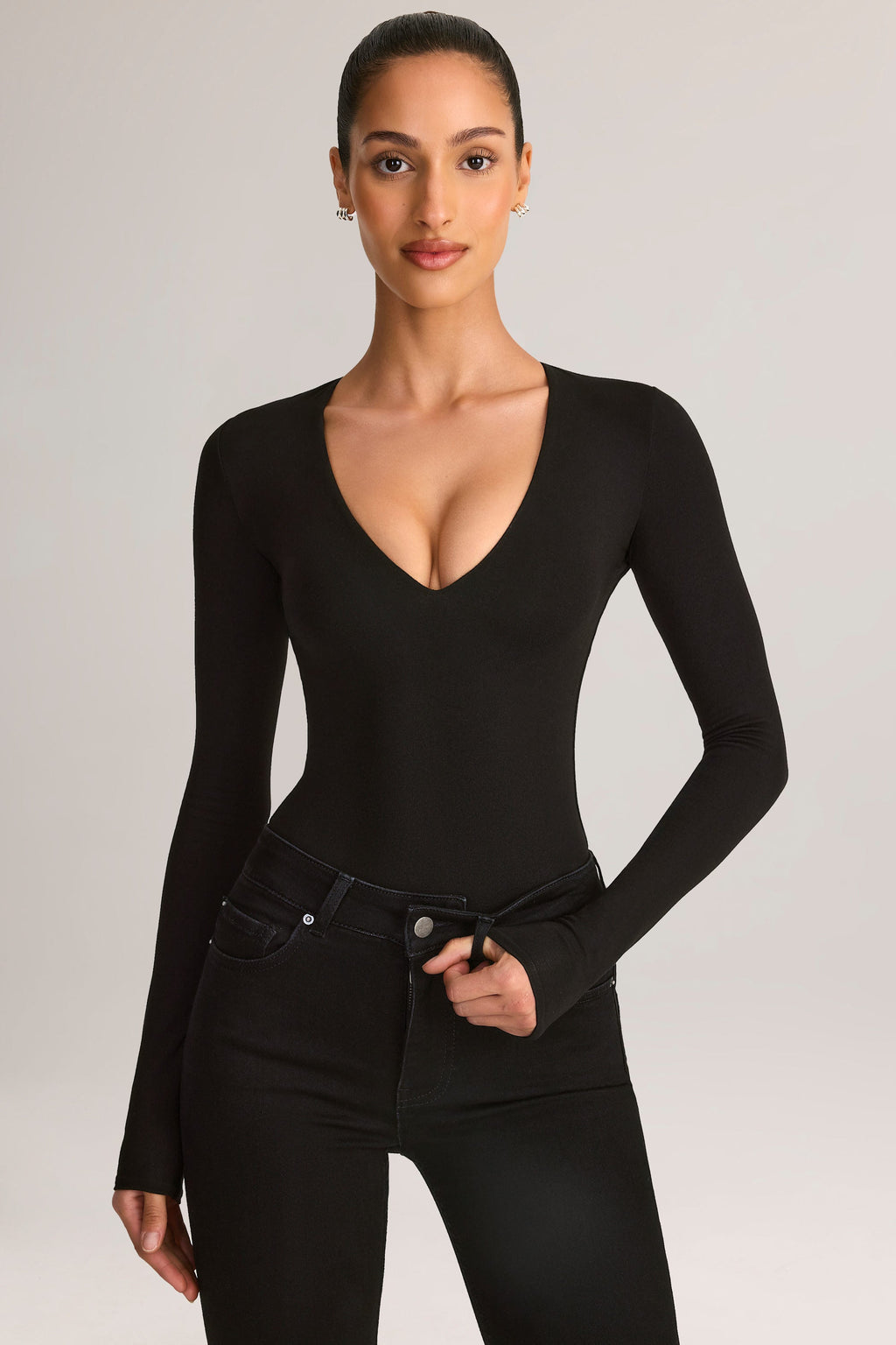 Modal Plunge Long-Sleeve Bodysuit in Black