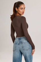 Modal Plunge Long-Sleeve Bodysuit in Chocolate Brown