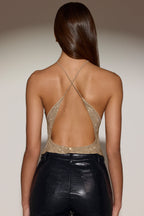 Embellished Jersey Halterneck Backless Top in Gold