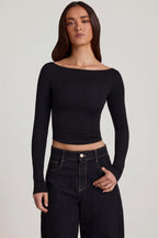 Modal Boat-Neck Long-Sleeve Top in Black