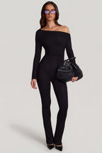 Modal Off-Shoulder Long-Sleeve Jumpsuit in Black