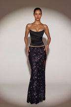 Embellished Mid-Rise Thigh-Split Maxi Skirt in Black Purple
