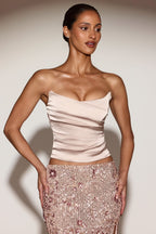 Satin Draped Lace-Up Corset Top in Gold