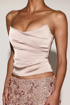 Satin Draped Lace-Up Corset Top in Gold