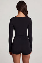 Soft Jersey Sweetheart Long-Sleeve Mini Playsuit in Black