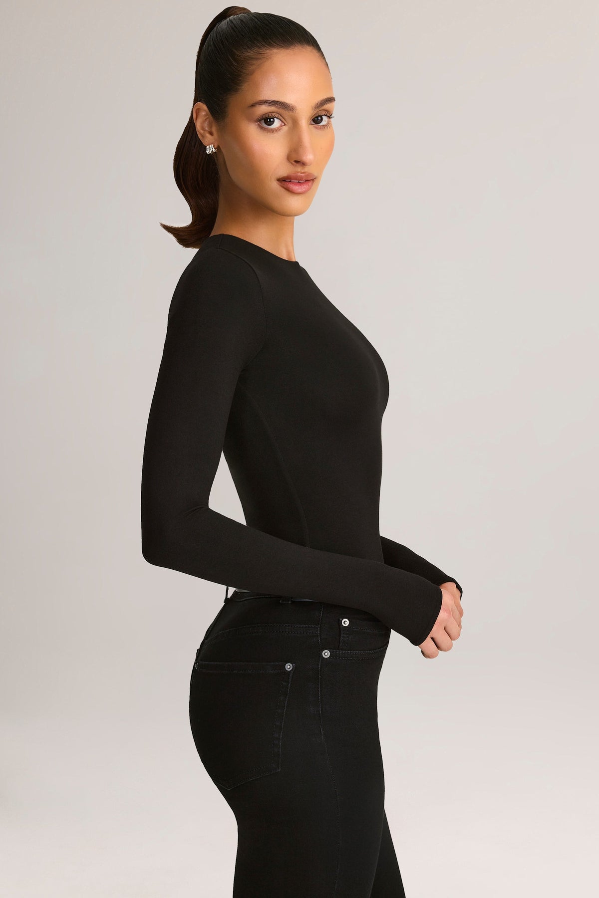 Modal Round-Neck Long-Sleeve Bodysuit in Black