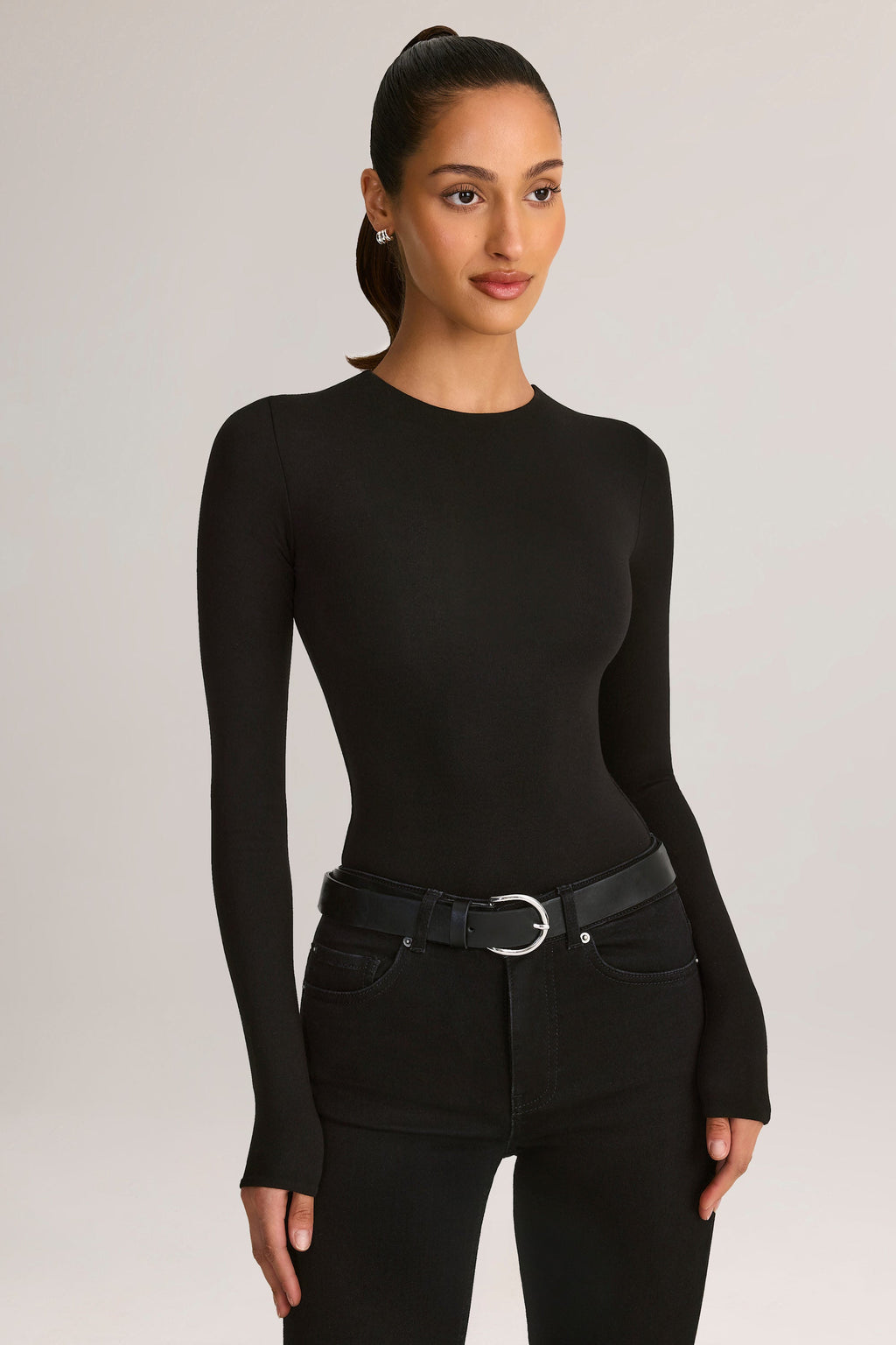 Modal Round-Neck Long-Sleeve Bodysuit in Black