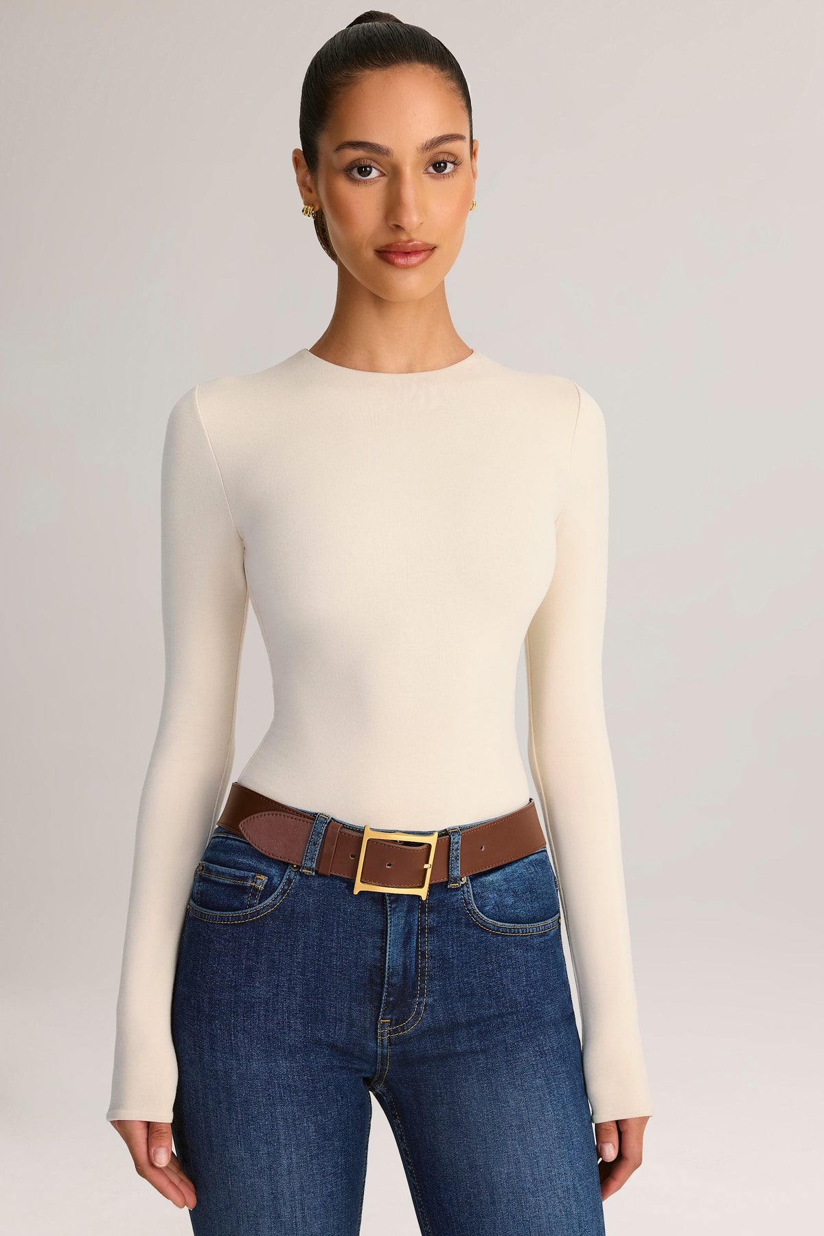 Modal Round-Neck Long-Sleeve Bodysuit in Cream