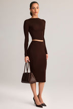 Modal Mid-Rise Pencil Midi Skirt in Chocolate Brown
