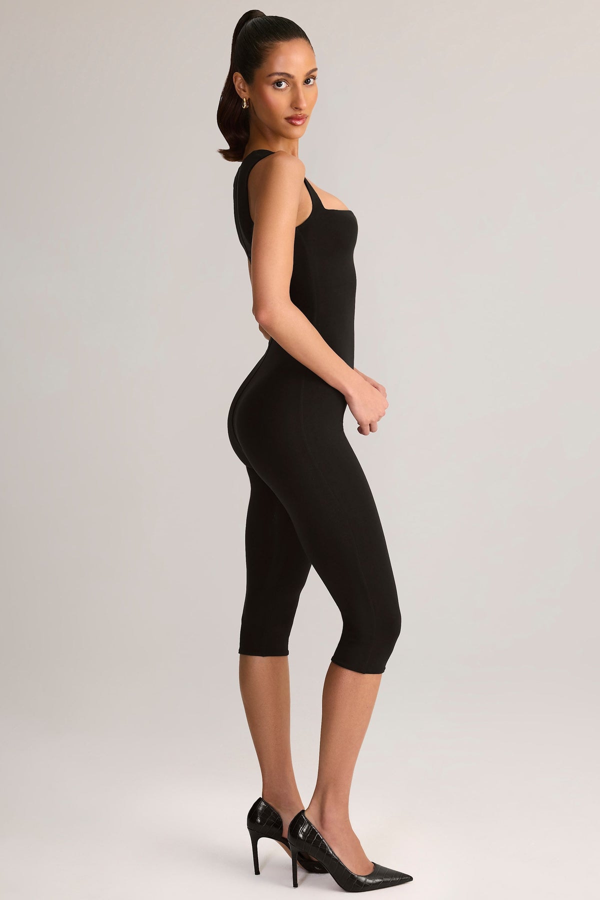 Modal Square-Neck Bodycon Capri Jumpsuit in Black