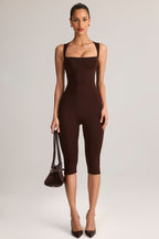 Modal Square-Neck Bodycon Capri Jumpsuit in Chocolate Brown