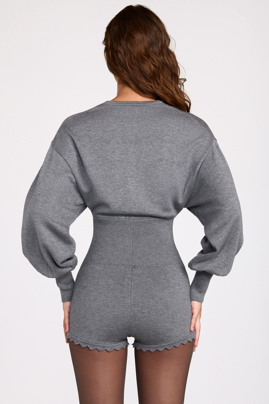 Fine-Knit Long-Sleeve Romper in Grey