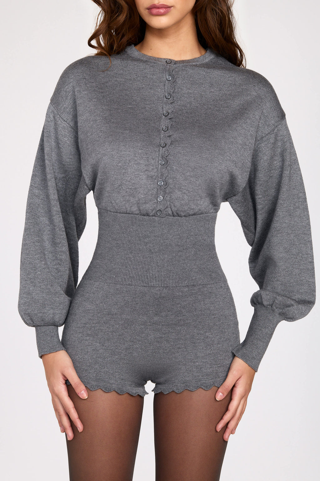 Fine-Knit Long-Sleeve Romper in Grey