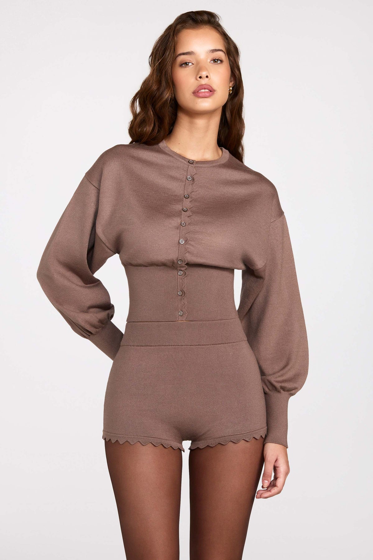 Knit Long-Sleeve Cardigan in Mocha