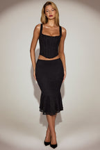 Lace Mid-Rise Fluted Midi Skirt in Black