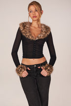 Faux Fur-Trim Sheer Mesh Cardigan in Black