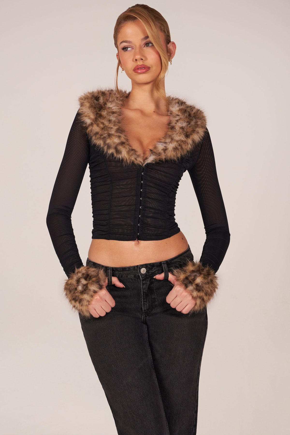 Faux Fur-Trim Sheer Mesh Cardigan in Black