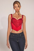 Sweetheart-Neck Lace-Up Corset Top in Cherry