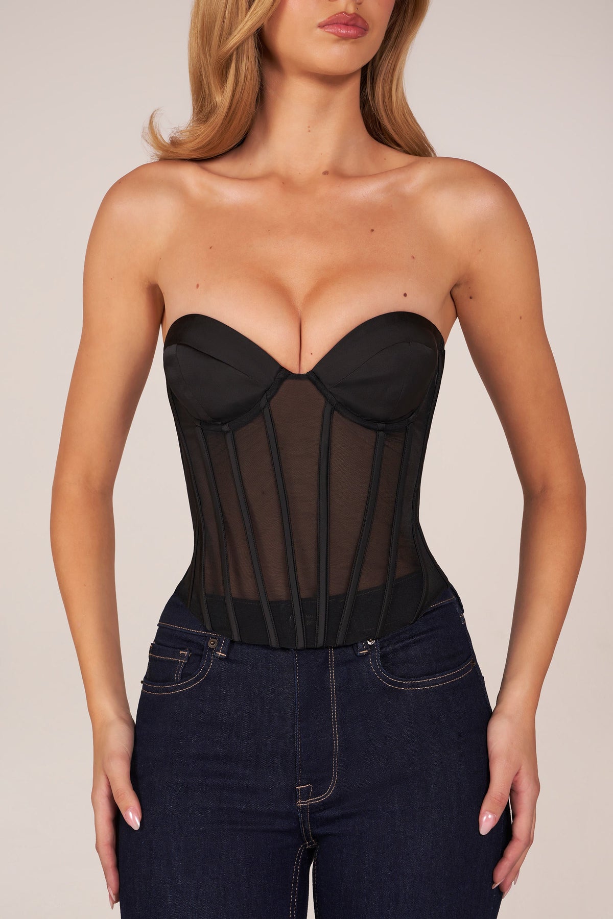 Bandeau Lace-Up Corset Top  in Black