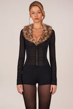 Faux Fur-Trim Playsuit in Black