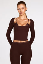 Ribbed Modal Long-Sleeve Laced Bra Top in Chocolate Brown