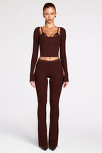Ribbed Modal Long-Sleeve Laced Bra Top in Chocolate Brown