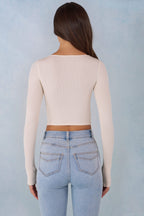Ribbed Modal Long-Sleeve Laced Bra Top in Ivory