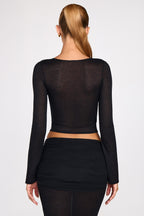 Sheer Jersey Plunge Long-Sleeve Top in Black