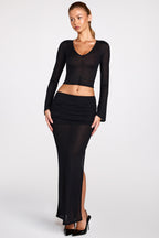 Sheer Jersey Plunge Long-Sleeve Top in Black
