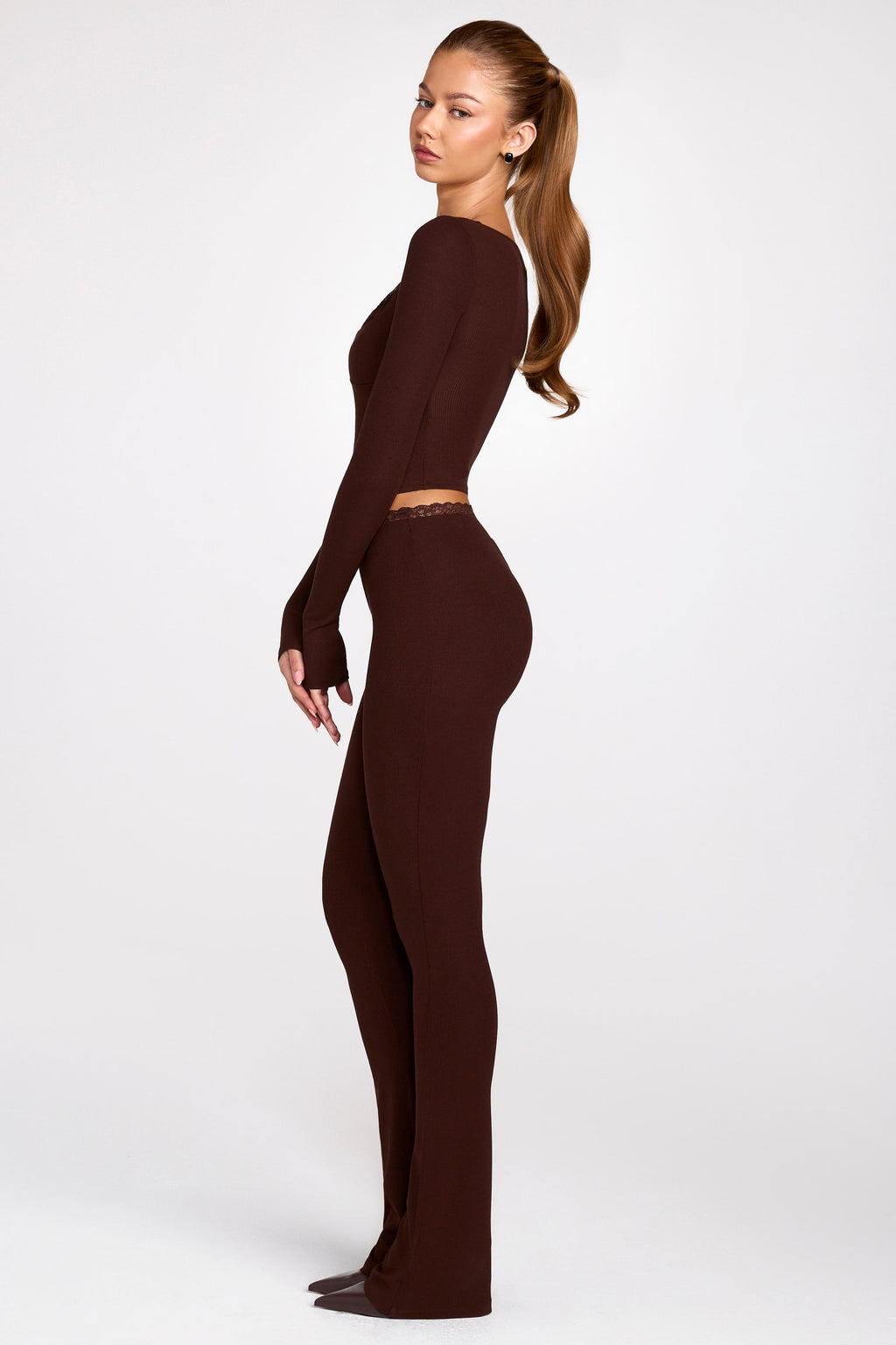 Modal Mid-Rise Flared Trousers in Chocolate Brown