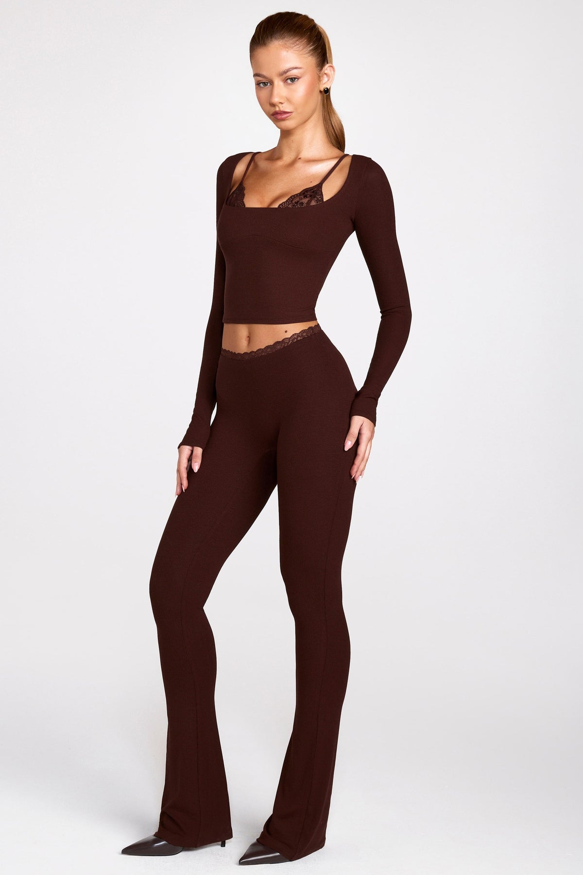 Modal Mid-Rise Flared Trousers in Chocolate Brown