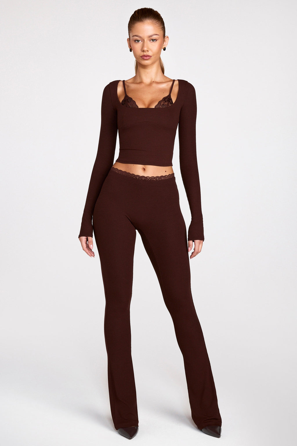 Modal Mid-Rise Flared Trousers in Chocolate Brown