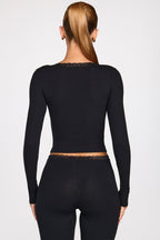 Ribbed Modal Square-Neck Long-Sleeve Top in Black