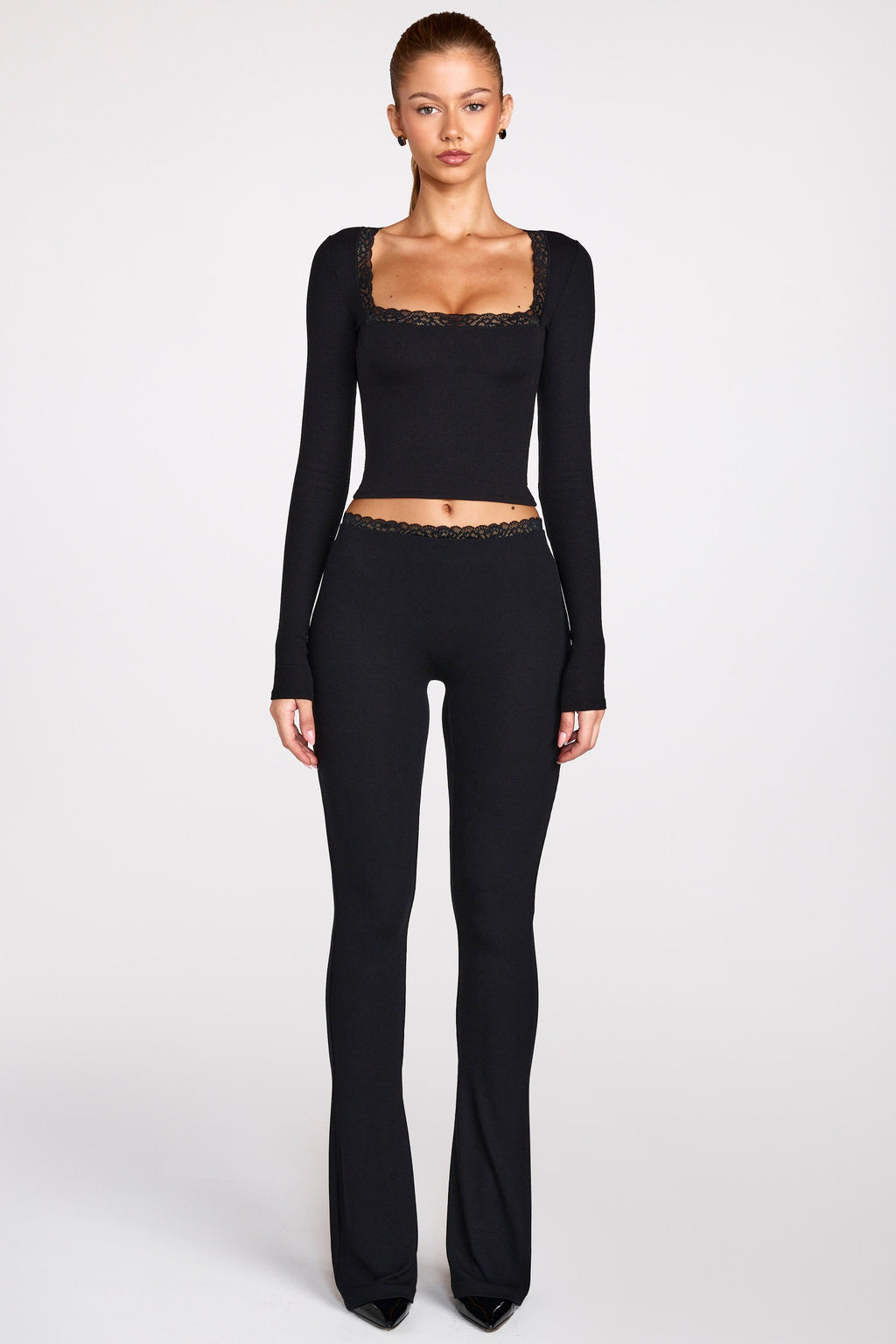 Ribbed Modal Square-Neck Long-Sleeve Top in Black