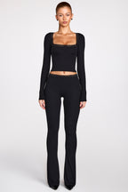 Ribbed Modal Square-Neck Long-Sleeve Top in Black