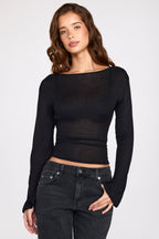 Sheer Jersey Long-Sleeve Backless Top in Black