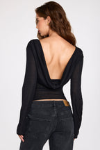 Sheer Jersey Long-Sleeve Backless Top in Black