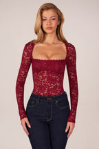 Long-Sleeve Laced Bodysuit in Wine
