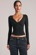 V-Neck Long-Sleeve Top  in Black